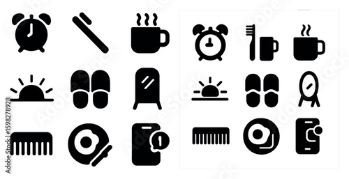 Bedroom and morning routine icons set – solid, filled, daily essentials symbols