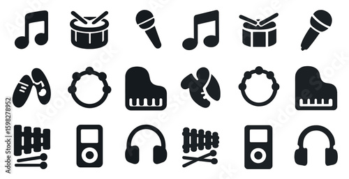 Music and performance icons set – solid, filled, musical and audio tools symbols