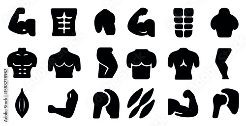 Bodybuilding silhouette icons set – solid, muscle, fitness and gym symbols