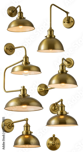 Set of Isolated Brass Wall Lamps on Transparent Background