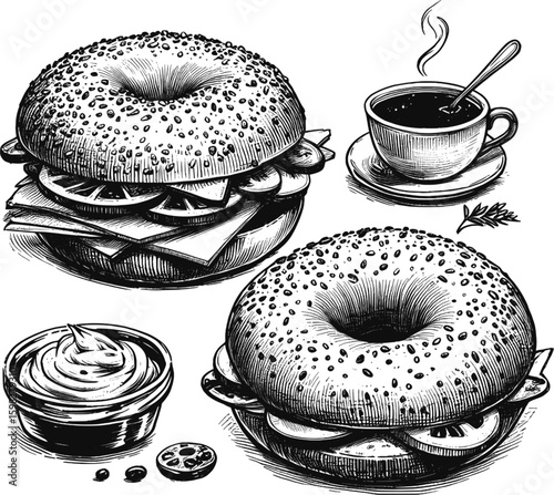 Breakfast Glory Bagel sandwich linework vintage ink sketch hand drawn bread pen drawing illustration background vector