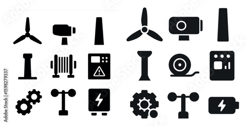 Renewable energy solid icons set – silhouette, clean tech symbols and graphics