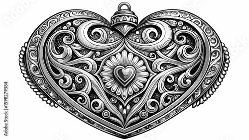 Very beautiful Intricately Designed Vintage Silver Heart-Shaped Locket Pendant with Exquisite Engravings and Rhinestone Centerpiece Detailed Craftsmanship, Elegant Bead Accents, Perfect for white back