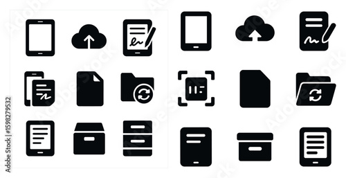 Digital document flat icons set – filled, file management and cloud storage symbols