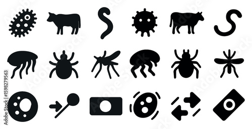 Microscopic organisms silhouette icons set – solid, filled, virus and bacteria symbols