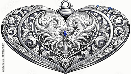 Very beautiful Intricately Designed Vintage Silver Heart-Shaped Locket Pendant with Exquisite Engravings and Rhinestone Centerpiece Detailed Craftsmanship, Elegant Bead Accents, Perfect for white back