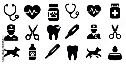 Pet health solid icons set – filled, veterinary and care symbols for clinics