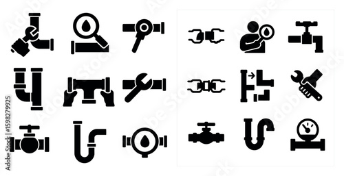 Plumbing solid icons set – filled, silhouette, pipe and repair symbols
