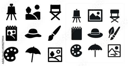 Art and creativity silhouette icons set – solid, filled, painting and drawing symbols