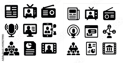Media and communication icons set – solid, filled, broadcast and podcast symbols