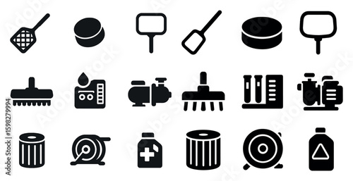 Home cleaning and maintenance icons set – solid, filled, tools and equipment graphics