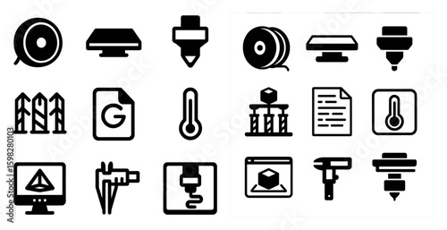 3d printing icons set – solid, filled, additive and fabrication symbols
