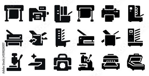 Printing and office solid icons set – filled, silhouette, copier and scanner symbols