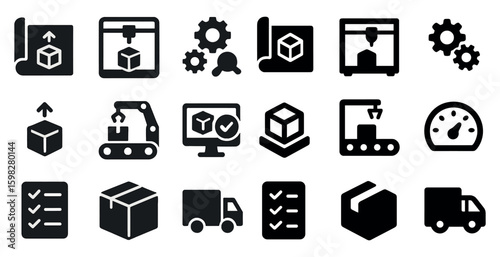 Logistics and supply chain solid icons set – filled, shipping and delivery symbols