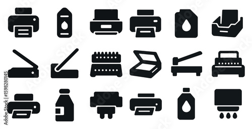 Printing and office solid icons set – filled, silhouette, stationery symbols