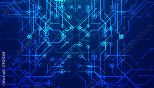 AI abstract circuit board background. Technology connected blue lines with electronics elements on tech bg. Computer motherboard with a chip, processor, and semiconductor.