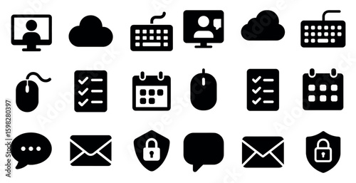 Business technology solid icons set – flat, filled, communication and it symbols