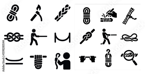 Rope and knot icons set – solid, silhouette, tying and binding symbols