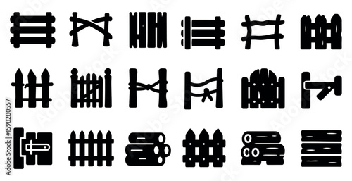 Fence and barrier solid icons set – filled, silhouette, boundary and gate symbols