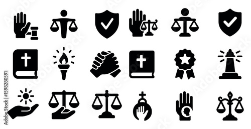 Justice and law solid icons set – filled, silhouette, legal and court symbols