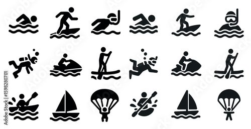 Water sports solid icons set – silhouette, filled, aquatic and adventure symbols