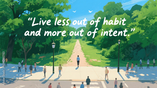 A park scene with a quote about living less of habit and more of intent. A park with a path and a few people walking on it