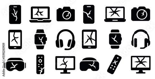 Technology and gadget solid icons set – filled, cracked, repair symbols