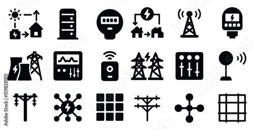 Energy infrastructure solid icons set – filled, power, electricity symbols