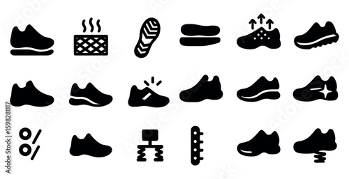 Footwear and sneakers silhouette icons set – solid, filled, shoe and sports symbols