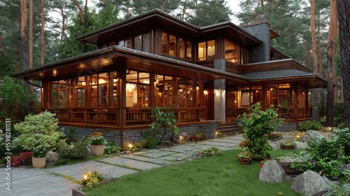 Luxurious wooden house nestled in a serene forest
