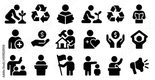 Community and recycling solid icons set – filled, environmental and volunteer graphics