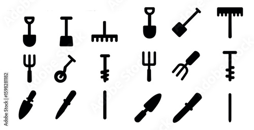 Garden tools filled icons set – solid, silhouette, gardening equipment symbols