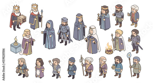 Isometric illustration featuring a collection of medieval-style characters, including kings, queens, knights, and commoners, arranged in rows on a white background.