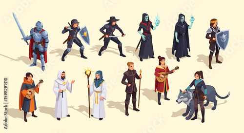 Isometric illustrations of diverse fantasy characters, including knights, mages, and musicians, showcasing various roles and attire.