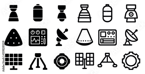 Space technology solid icons set – filled, astronomy, satellite communication symbols