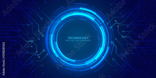 Neon light blue circle portal with electronics elements and wires are on a futuristic technology circuit board. Technology sky-fi background.