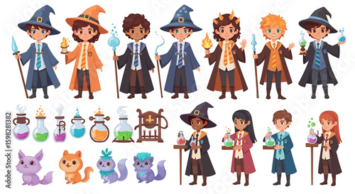A collection of cartoon wizards and magical creatures with potions and wands, ready for adventures.
