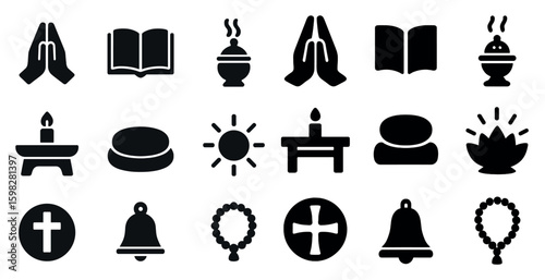 Religion and spirituality solid icons set – worship symbols, faith, devotion