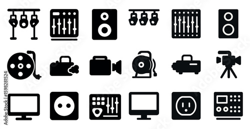 Music and audio equipment icons set – solid, filled, sound mixing and recording symbols