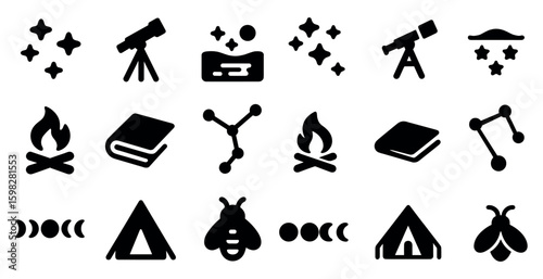 Astronomy and camping solid icons set – silhouette, linear, adventure and stargazing symbols
