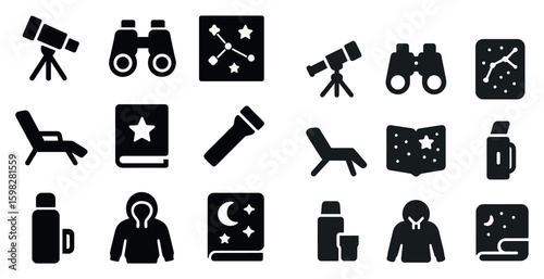 Astronomy and stargazing solid icons set – filled, celestial and space symbols