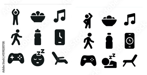 Fitness and leisure solid icons set – filled, silhouette, health and activity graphics