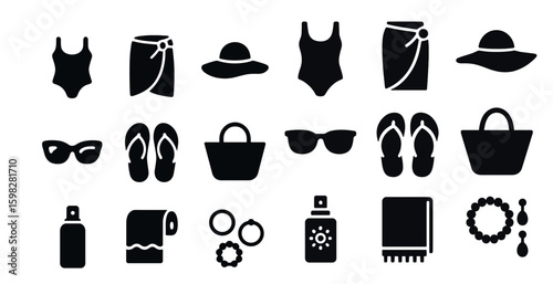 Beachwear silhouette icons set – summer, fashion, swimwear symbols collection
