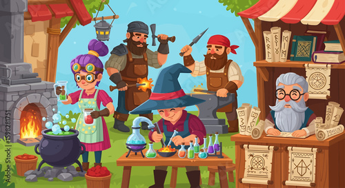 Fantasy market scene with artisans crafting potions and tools.