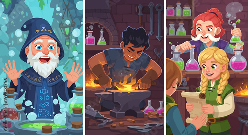 Fantasy artisans crafting potions, forging metal, and studying scrolls in a medieval setting.