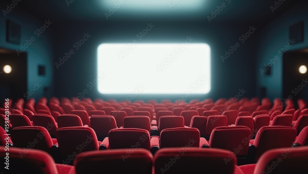 Fototapeta premium Empty movie theater with red seats facing a large illuminated screen, suggesting a cinematic or entertainment setting.
