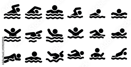 Swimming silhouette icons set – solid, filled, aquatic sports and exercise symbols