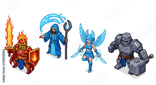 Isometric pixel art fantasy characters: fire knight, water mage, winged warrior, armored warrior.