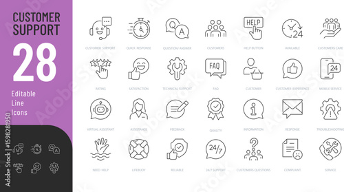 
Customer Support Editable Icons set. Vector illustration in modern thin line style of support service related icons: customer care, feedback, assistance, and more. Isolated on transparent background.