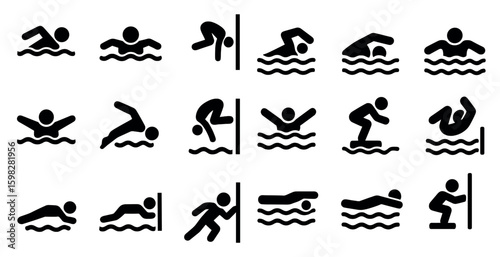 Swimming and aquatics solid icons set – filled, water sports, pool activity symbols